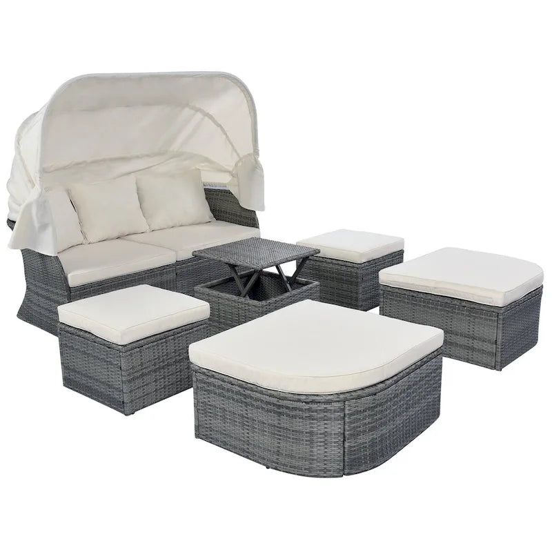 Bain de soleil d'extérieur en osier gris avec coussins et auvent rétractable