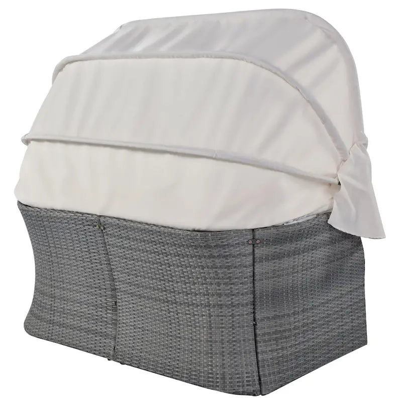 Bain de soleil d'extérieur en osier gris avec coussins et auvent rétractable