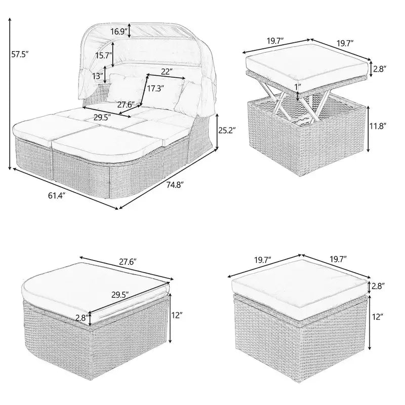 Bain de soleil d'extérieur en osier gris avec coussins et auvent rétractable