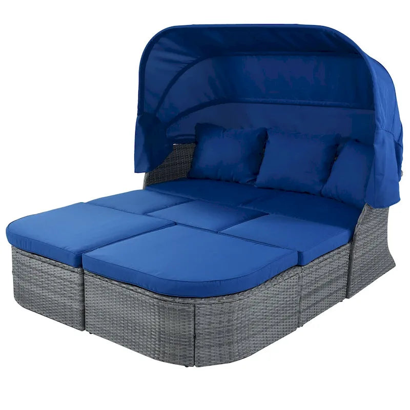 Bain de soleil d'extérieur en osier gris avec coussins et auvent rétractable