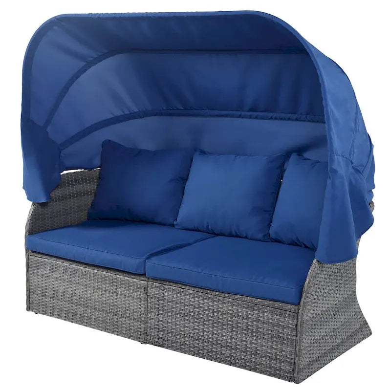 Bain de soleil d'extérieur en osier gris avec coussins et auvent rétractable