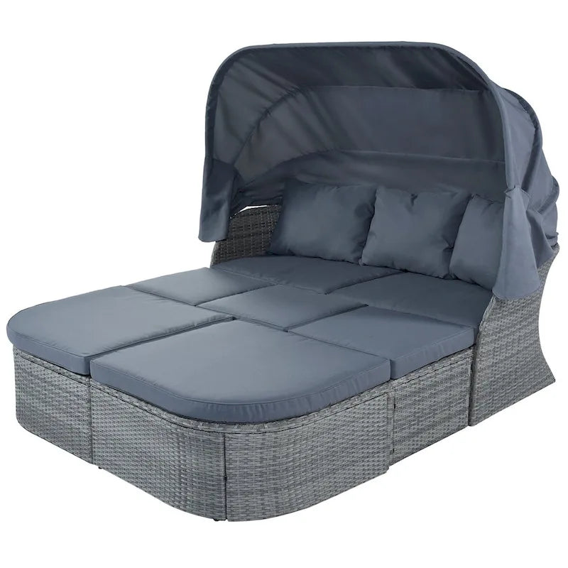 Bain de soleil d'extérieur en osier gris avec coussins et auvent rétractable