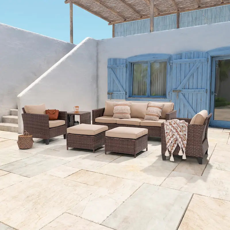 LIVOOSUN Ensemble de 6 pièces de mobilier de patio en osier marron pour conversation avec table d'appoint