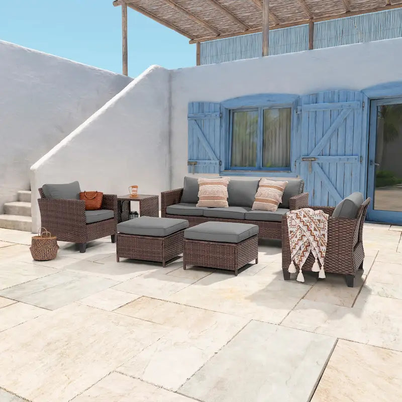 LIVOOSUN Ensemble de 6 pièces de mobilier de patio en osier marron pour conversation avec table d'appoint