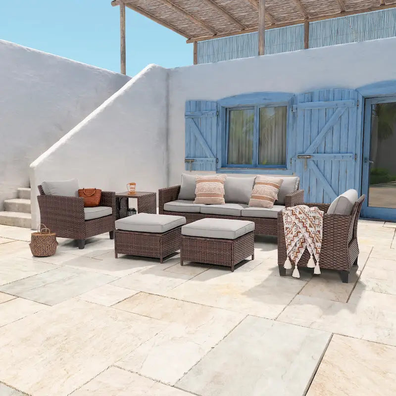 LIVOOSUN Ensemble de 6 pièces de mobilier de patio en osier marron pour conversation avec table d'appoint