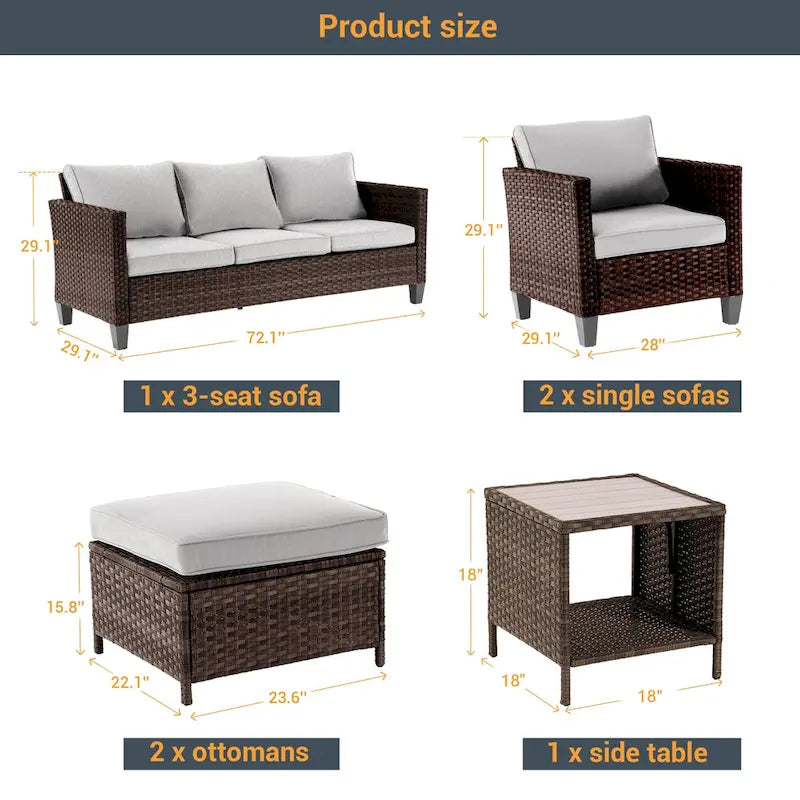 LIVOOSUN Ensemble de 6 pièces de mobilier de patio en osier marron pour conversation avec table d'appoint
