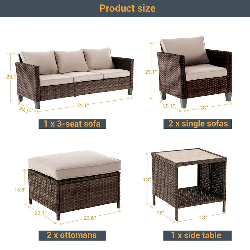 LIVOOSUN Ensemble de 6 pièces de mobilier de patio en osier marron pour conversation avec table d'appoint