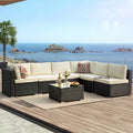 Black 7-Piece Wicker Outdoor Sectional Set Patio Sofa Set with Beige Cushions and Coffee Table