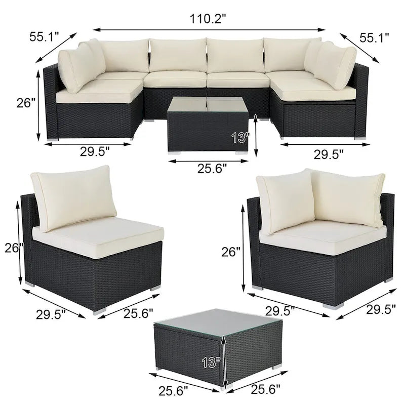 Ensemble de canapé d'extérieur sectionnel en osier noir 7 pièces avec coussins beiges et table basse