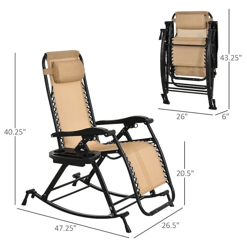 Fauteuils à bascule pliables d'extérieur avec oreiller, porte-gobelet et support de téléphone