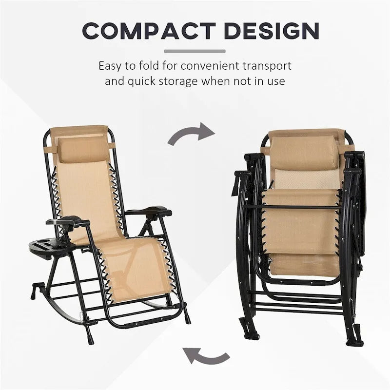 Fauteuils à bascule pliables d'extérieur avec oreiller, porte-gobelet et support de téléphone