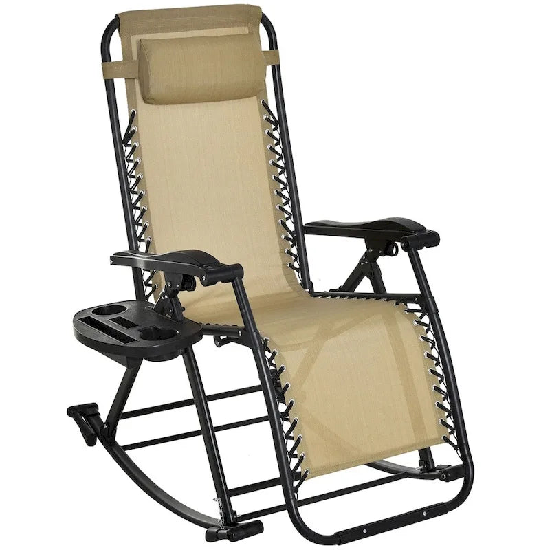 Fauteuils à bascule pliables d'extérieur avec oreiller, porte-gobelet et support de téléphone