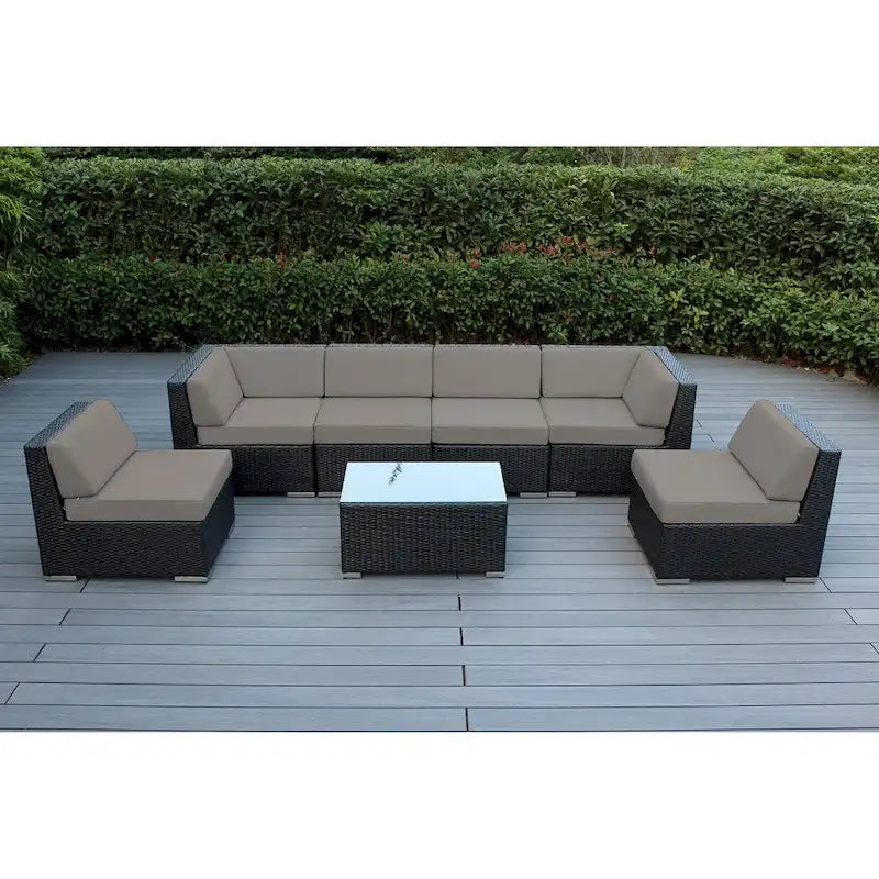 Ensemble de conversation Ohana Outdoor de 7 pièces avec coussins et osier noir - Aucun assemblage requis