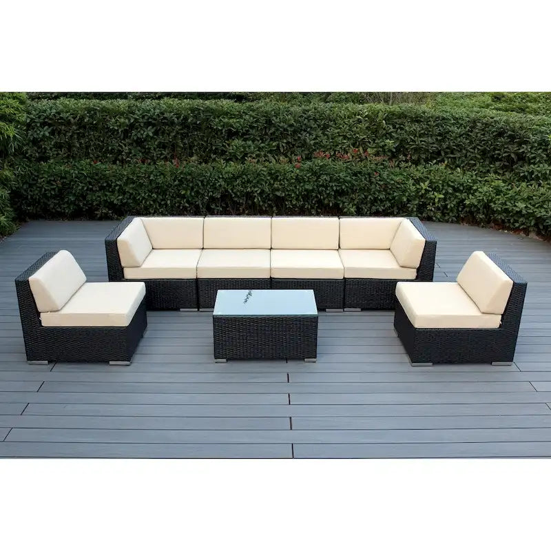 Ensemble de conversation Ohana Outdoor de 7 pièces avec coussins et osier noir - Aucun assemblage requis