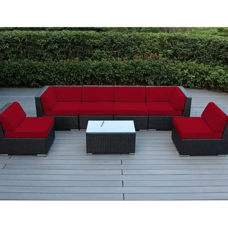 Ensemble de conversation Ohana Outdoor de 7 pièces avec coussins et osier noir - Aucun assemblage requis