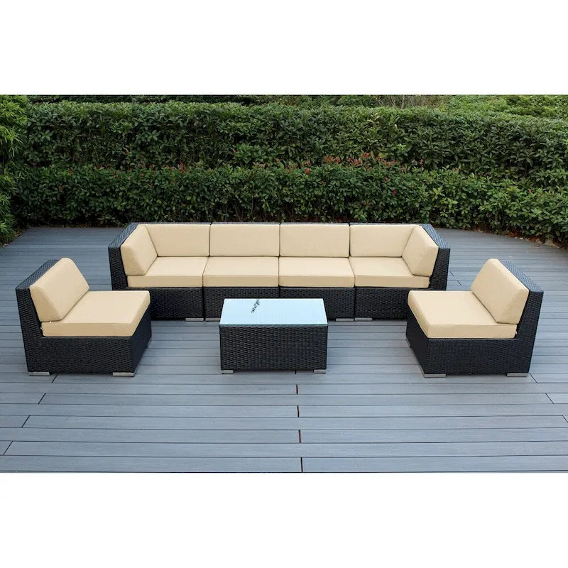 Ensemble de conversation Ohana Outdoor de 7 pièces avec coussins et osier noir - Aucun assemblage requis