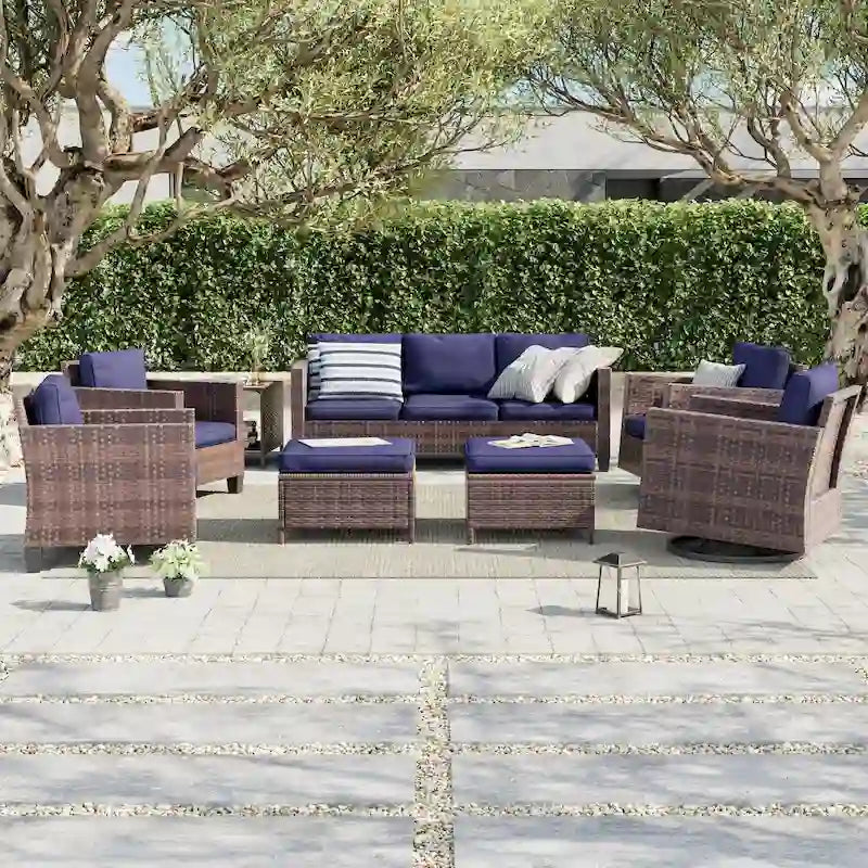 Ensemble de canapé d'extérieur modulable LIVOOSUN 8 pièces avec fauteuil à bascule pivotant, en osier marron et pouf