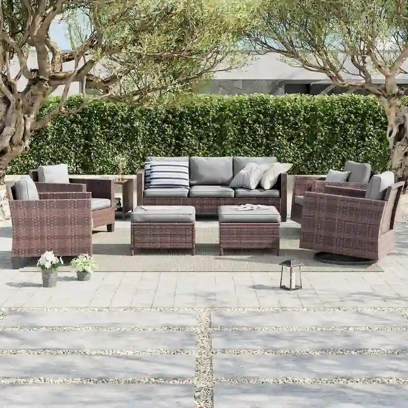 Ensemble de canapé d'extérieur modulable LIVOOSUN 8 pièces avec fauteuil à bascule pivotant, en osier marron et pouf
