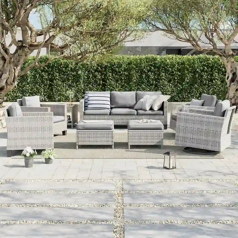 Ensemble de canapé d'extérieur modulable LIVOOSUN 8 pièces avec fauteuil à bascule pivotant, en osier marron et pouf