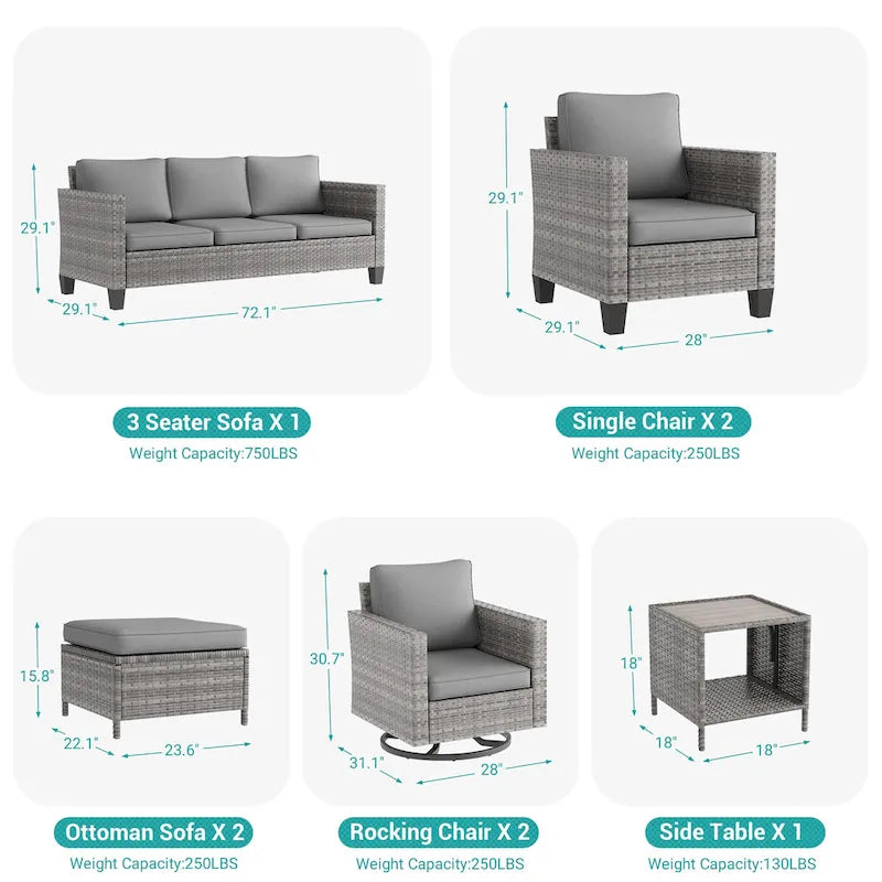 Ensemble de canapé d'extérieur modulable LIVOOSUN 8 pièces avec fauteuil à bascule pivotant, en osier marron et pouf