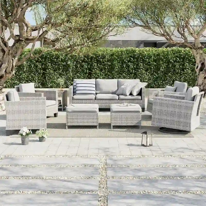 Ensemble de canapé d'extérieur modulable LIVOOSUN 8 pièces avec fauteuil à bascule pivotant, en osier marron et pouf