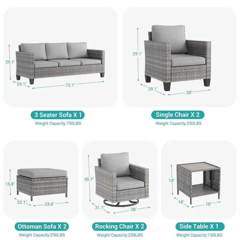 Ensemble de canapé d'extérieur modulable LIVOOSUN 8 pièces avec fauteuil à bascule pivotant, en osier marron et pouf