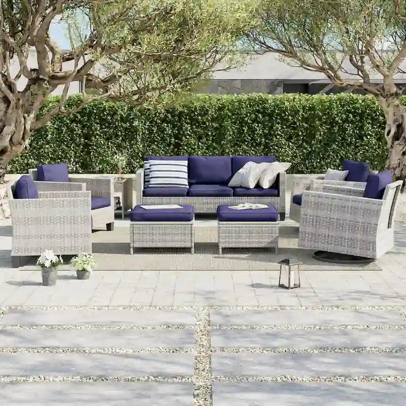 Ensemble de canapé d'extérieur modulable LIVOOSUN 8 pièces avec fauteuil à bascule pivotant, en osier marron et pouf