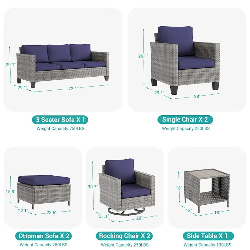 Ensemble de canapé d'extérieur modulable LIVOOSUN 8 pièces avec fauteuil à bascule pivotant, en osier marron et pouf