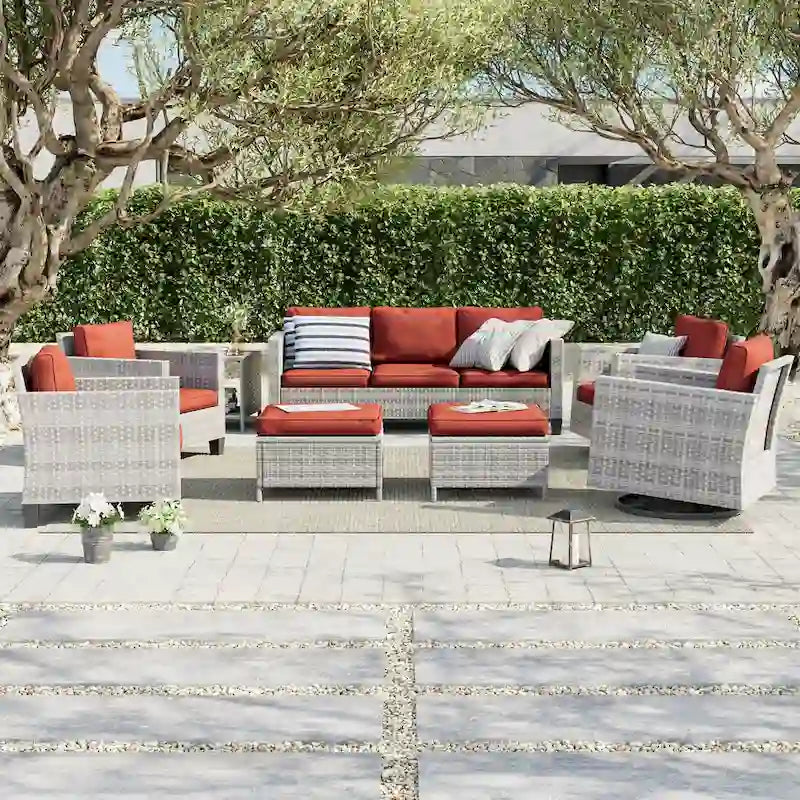 Ensemble de canapé d'extérieur modulable LIVOOSUN 8 pièces avec fauteuil à bascule pivotant, en osier marron et pouf