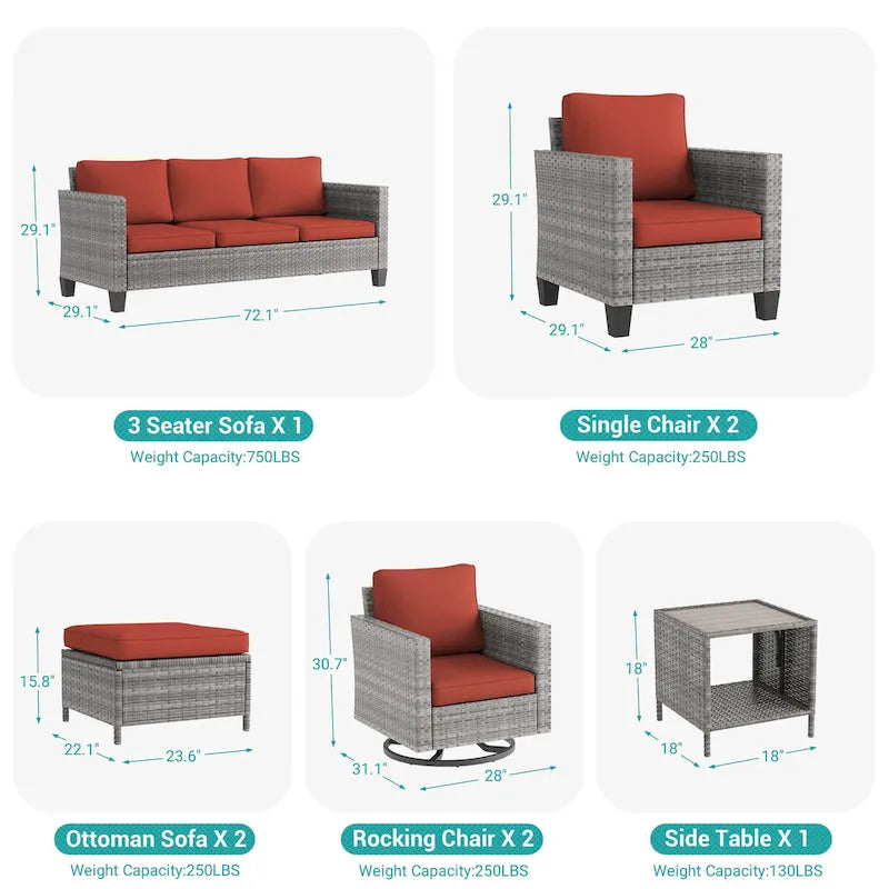Ensemble de canapé d'extérieur modulable LIVOOSUN 8 pièces avec fauteuil à bascule pivotant, en osier marron et pouf