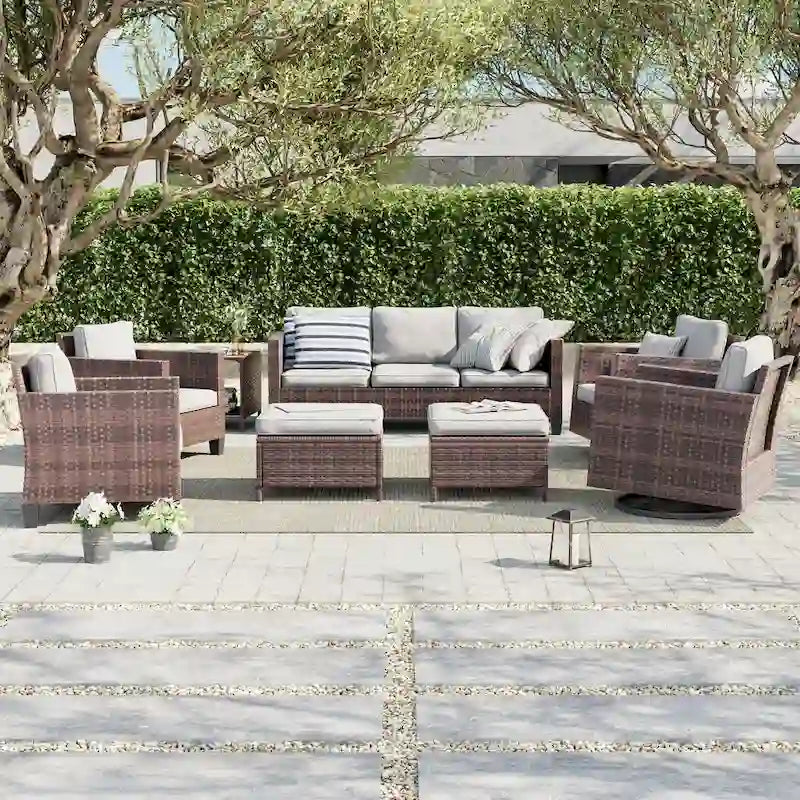 Ensemble de canapé d'extérieur modulable LIVOOSUN 8 pièces avec fauteuil à bascule pivotant, en osier marron et pouf