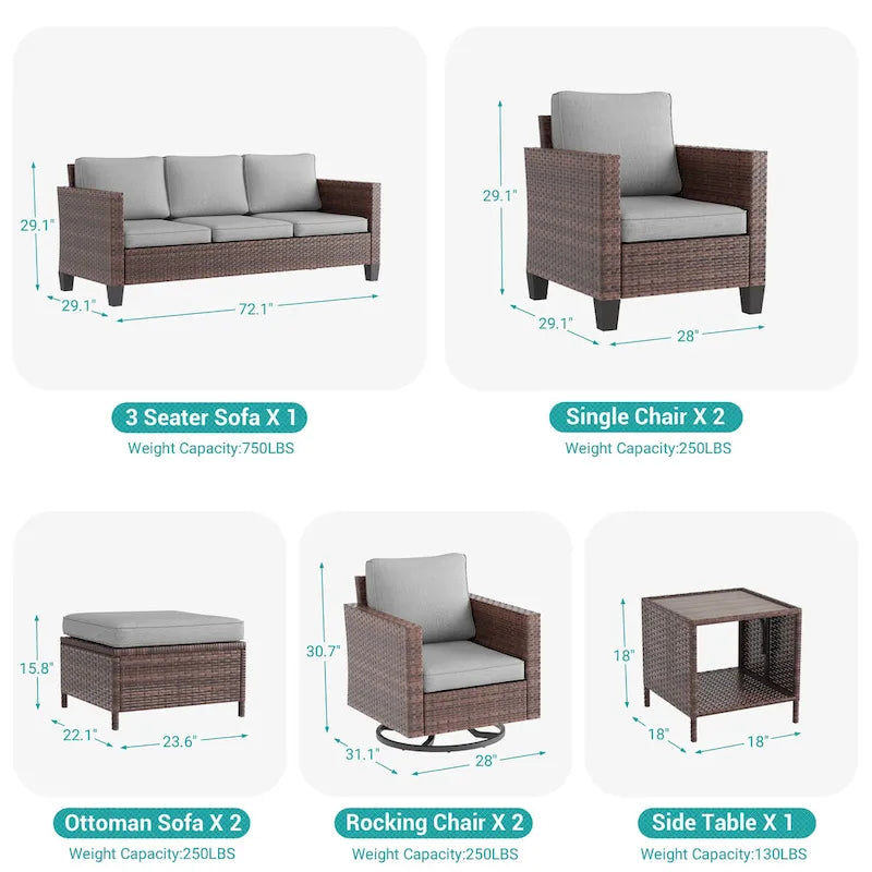 Ensemble de canapé d'extérieur modulable LIVOOSUN 8 pièces avec fauteuil à bascule pivotant, en osier marron et pouf