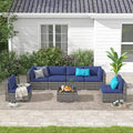 Ensemble de mobilier de patio 7 pièces, canapé d'extérieur en rotin tressé avec table en verre et coussins, 7 pièces, bleu