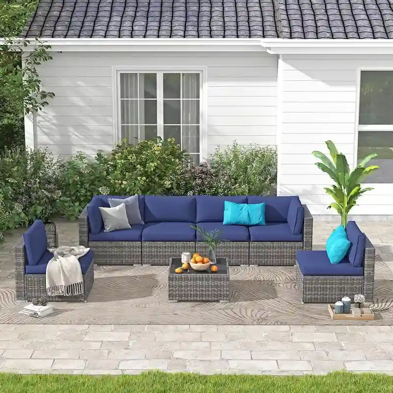 Ensemble de mobilier de patio 7 pièces, canapé d'extérieur en rotin tressé avec table en verre et coussins, 7 pièces, bleu