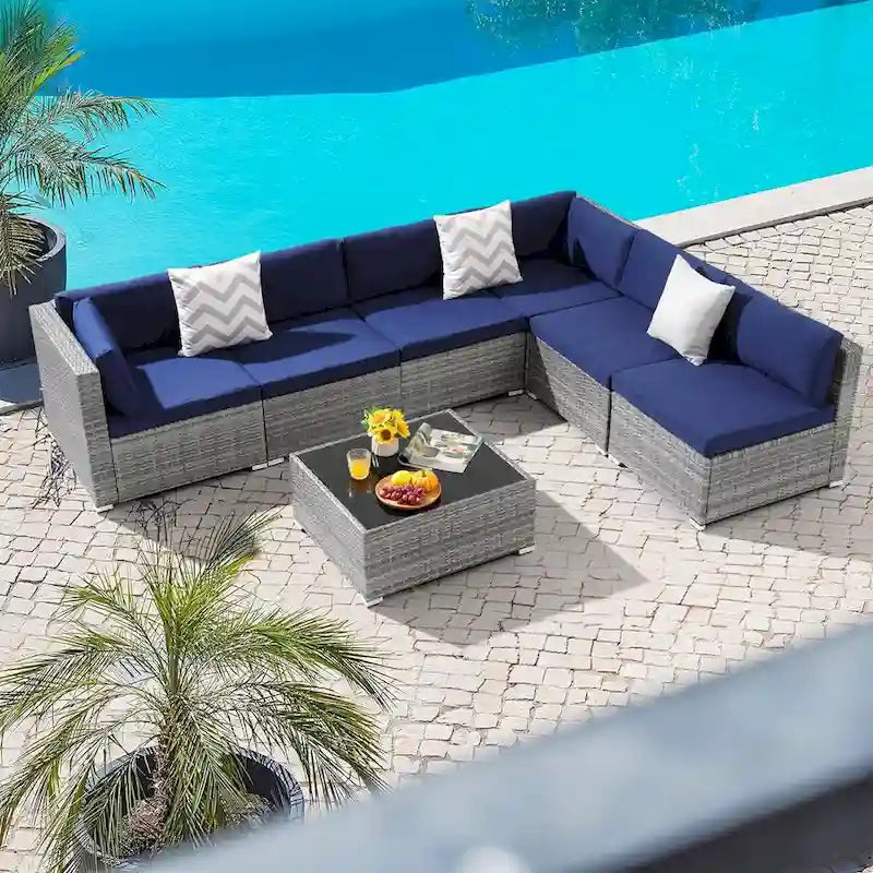 Ensemble de mobilier de patio 7 pièces, canapé d'extérieur en rotin tressé avec table en verre et coussins, 7 pièces, bleu