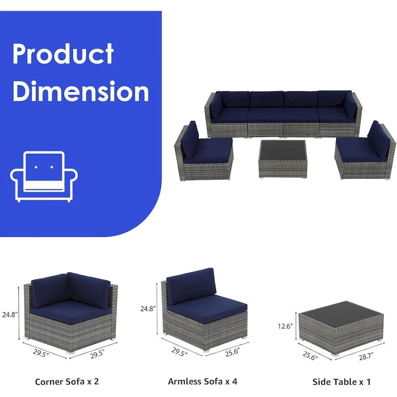 Ensemble de mobilier de patio 7 pièces, canapé d'extérieur en rotin tressé avec table en verre et coussins, 7 pièces, bleu