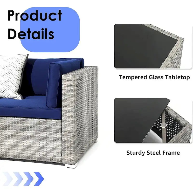Ensemble de mobilier de patio 7 pièces, canapé d'extérieur en rotin tressé avec table en verre et coussins, 7 pièces, bleu