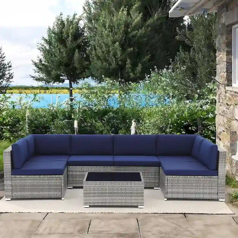 Ensemble de mobilier de patio 7 pièces, canapé d'extérieur en rotin tressé avec table en verre et coussins, 7 pièces, bleu