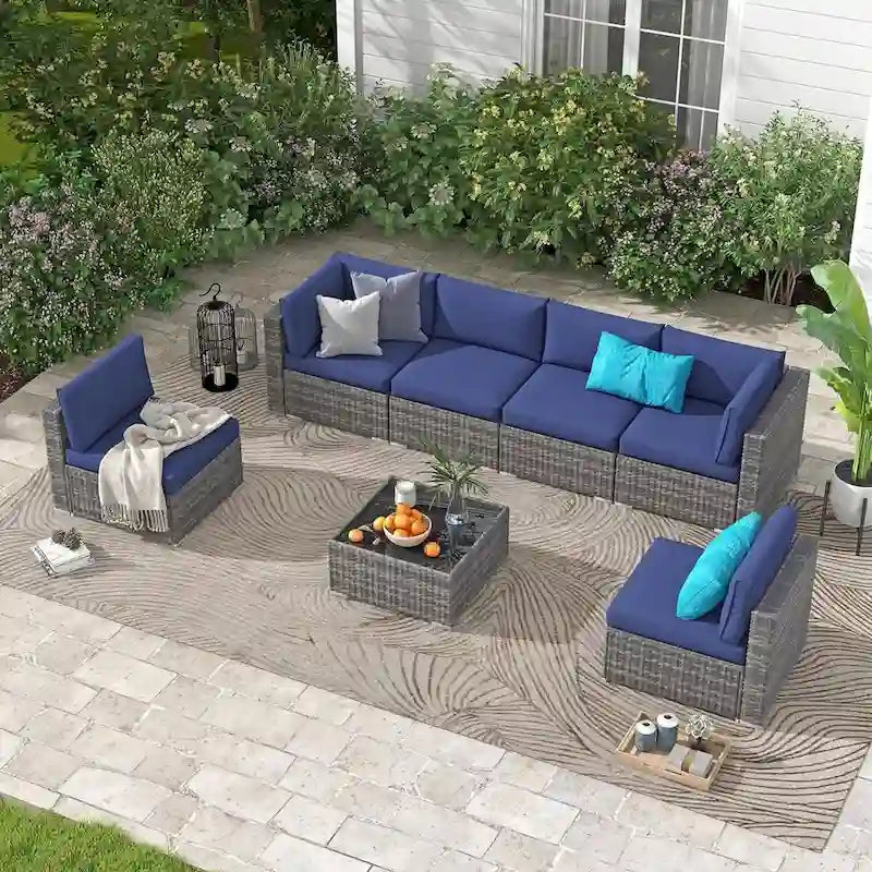 Ensemble de mobilier de patio 7 pièces, canapé d'extérieur en rotin tressé avec table en verre et coussins, 7 pièces, bleu