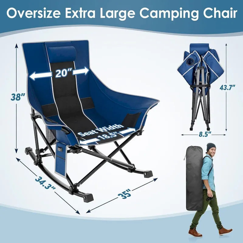 Fauteuil de camping chauffant surdimensionné, Fauteuil de camping à bascule, Chaises chauffantes portables et pliantes, Batterie externe non incluse, Bleu et noir