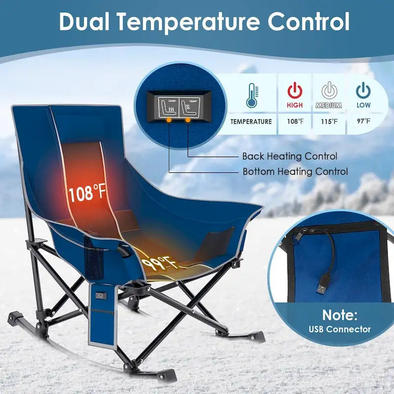 Fauteuil de camping chauffant surdimensionné, Fauteuil de camping à bascule, Chaises chauffantes portables et pliantes, Batterie externe non incluse, Bleu et noir