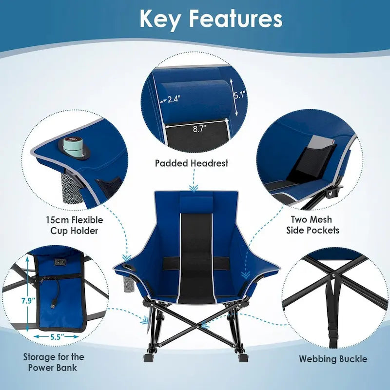 Fauteuil de camping chauffant surdimensionné, Fauteuil de camping à bascule, Chaises chauffantes portables et pliantes, Batterie externe non incluse, Bleu et noir