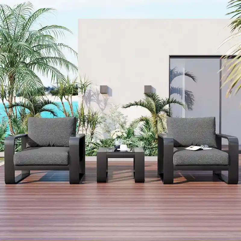 Ensemble de mobilier de patio 3 pièces avec cadre en aluminium, coussins de 17 cm d'épaisseur et table basse, chaises d'extérieur en tissu oléfine résistant aux intempéries