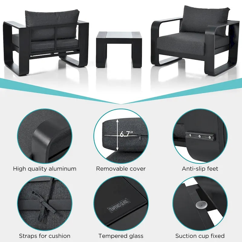 Ensemble de mobilier de patio 3 pièces avec cadre en aluminium, coussins de 17 cm d'épaisseur et table basse, chaises d'extérieur en tissu oléfine résistant aux intempéries