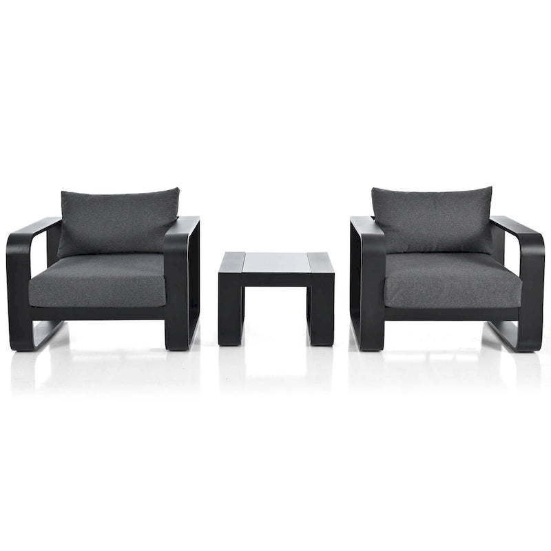 Ensemble de mobilier de patio 3 pièces avec cadre en aluminium, coussins de 17 cm d'épaisseur et table basse, chaises d'extérieur en tissu oléfine résistant aux intempéries