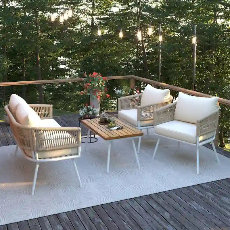 Ensemble de mobilier de jardin 4 pièces, mobilier d'extérieur avec table en bois d'acacia, ensemble de conversation de patio avec coussins