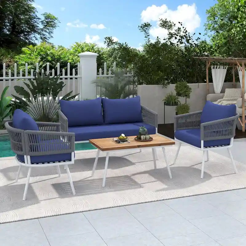 Ensemble de mobilier de jardin 4 pièces, mobilier d'extérieur avec table en bois d'acacia, ensemble de conversation de patio avec coussins