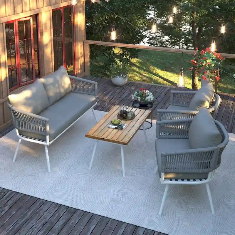 4-Piece Patio Furniture Set, Outdoor Furniture with Acacia Wood Table, Patio Conversation Set with Cushion