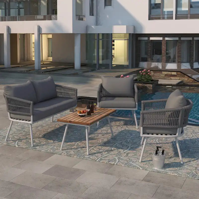 Ensemble de mobilier de jardin 4 pièces, mobilier d'extérieur avec table en bois d'acacia, ensemble de conversation de patio avec coussins