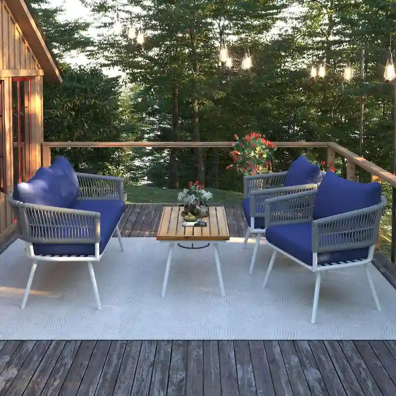 Ensemble de mobilier de jardin 4 pièces, mobilier d'extérieur avec table en bois d'acacia, ensemble de conversation de patio avec coussins